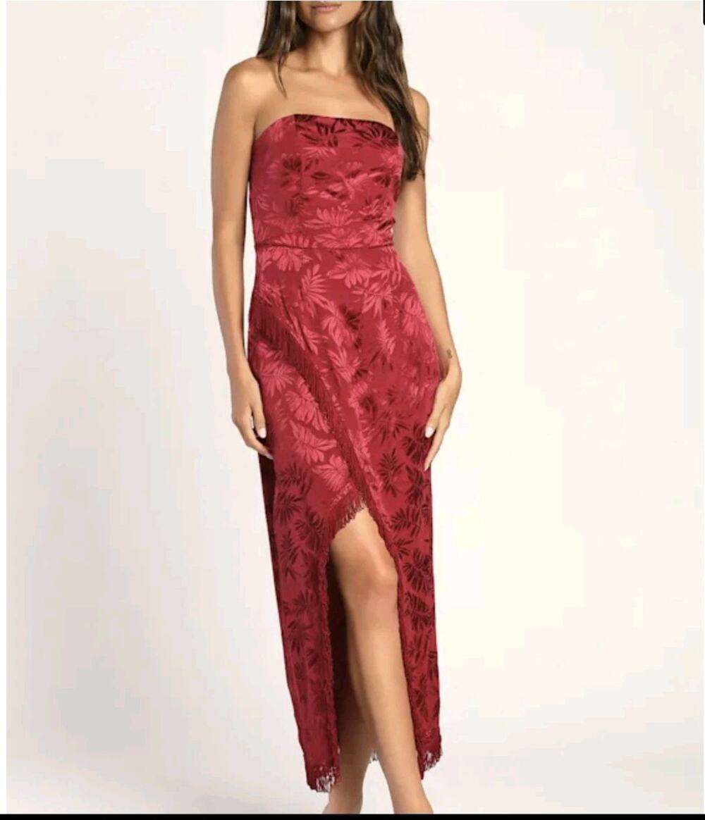 LULUS‎ Ignite My Love Burgundy Embossed Medium Strapless Fringe Midi Dress #747